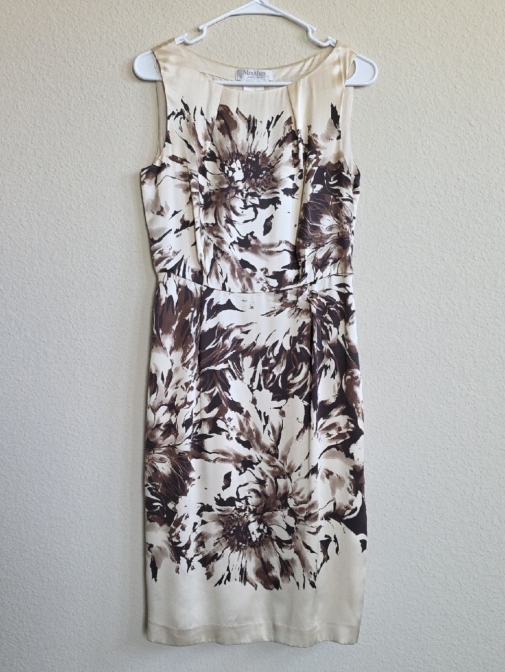 MaxMara Silk Sleeveless Cream Brown Floral Sheath Dress Italy Wedding Party Sz 8